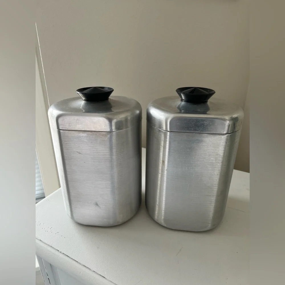 Vintage 1950s MCM Kitchen Aluminum Canisters Lids | Flour And Sugar - Picture 2 of 12